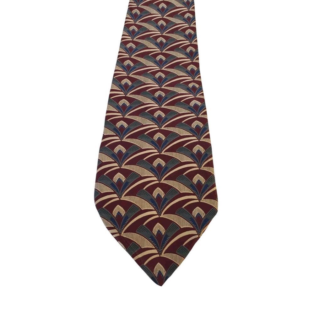 Zylos George Machado‎ Neck Tie Mens Burgundy Tan Blue Geometric Italian Silk